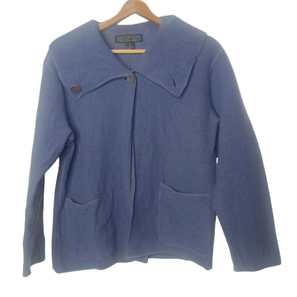 Herman Geist Womens Small Wool Sweater Jacket Cardigan Blue Button Open Front